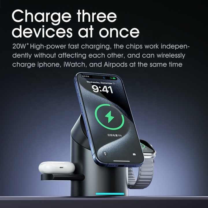 "Side View of 3-in-1 Wireless Charger - Sleek Design and Fast Charging for Smartphones and Smartwatches"