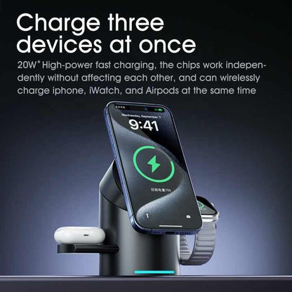 "Side View of 3-in-1 Wireless Charger - Sleek Design and Fast Charging for Smartphones and Smartwatches"