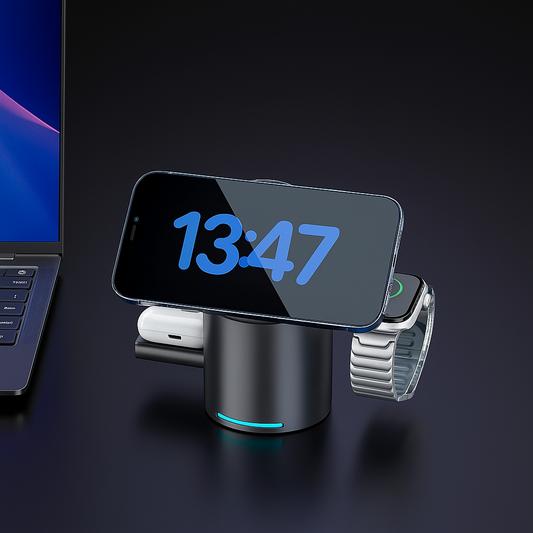 "Top Angle of 3-in-1 Charging Station - Compact and Lightweight USB Charger for Travel"