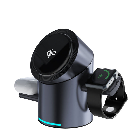 "3-in-1 Fast Wireless Charger for iPhone, Samsung, and AirPods - Compact and Travel Friendly"